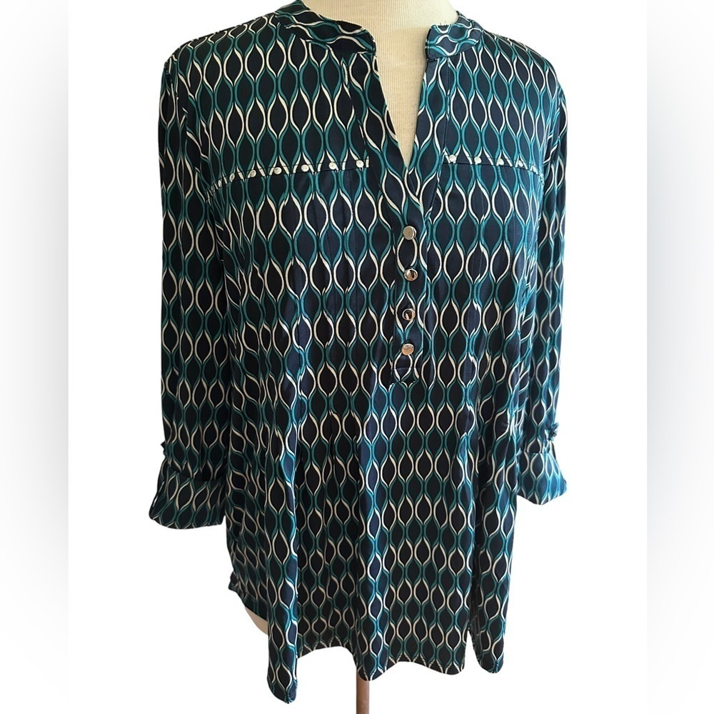 COCOMO XL Blue White Studded 3/4 sleeve women’s Pintuck Blouse top shirt - Picture 2 of 12